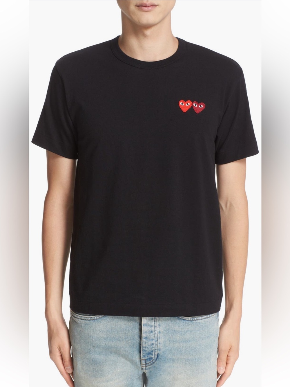 Comme des Garçons Black Crewneck Tee with Red Heart Patch